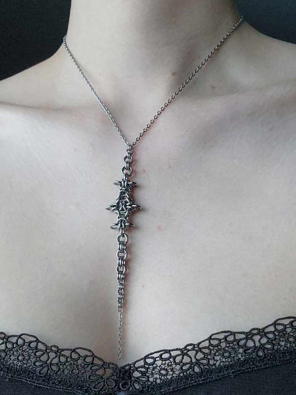 Gothic long silver rosary necklace ✦ Unique long medieval chainmaille necklace ✦ - Picture 5 of 9